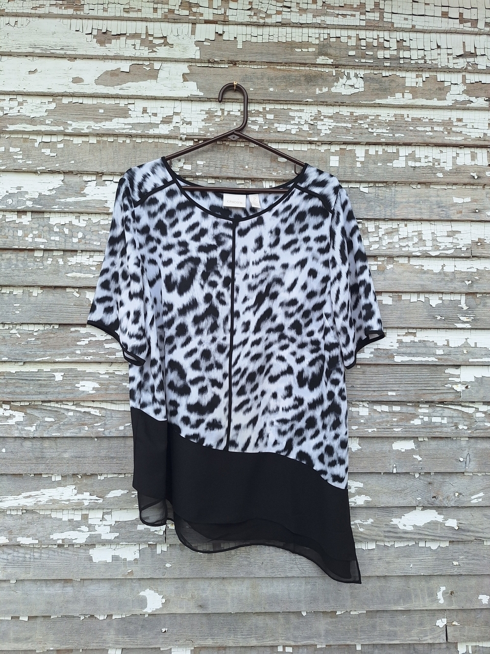 Chico's Black and Leopard Print Asymmetric Blouse Size 2 Large